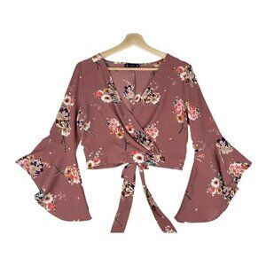 Iris Mauve Faux Wrap Bell Sleeve Crop Top Size Medium